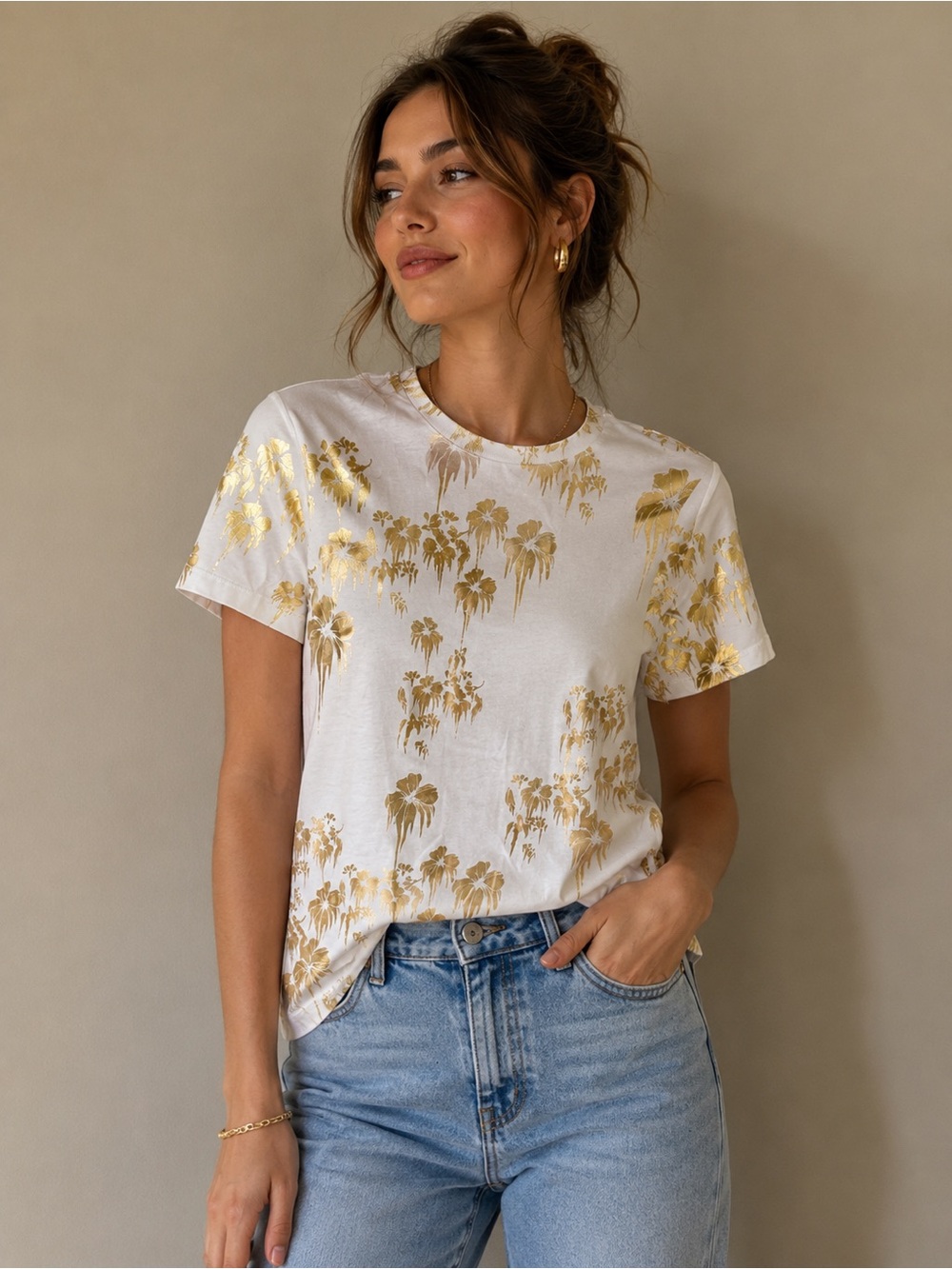 Women's White Short Sleeve Tee with Gold Palm Print